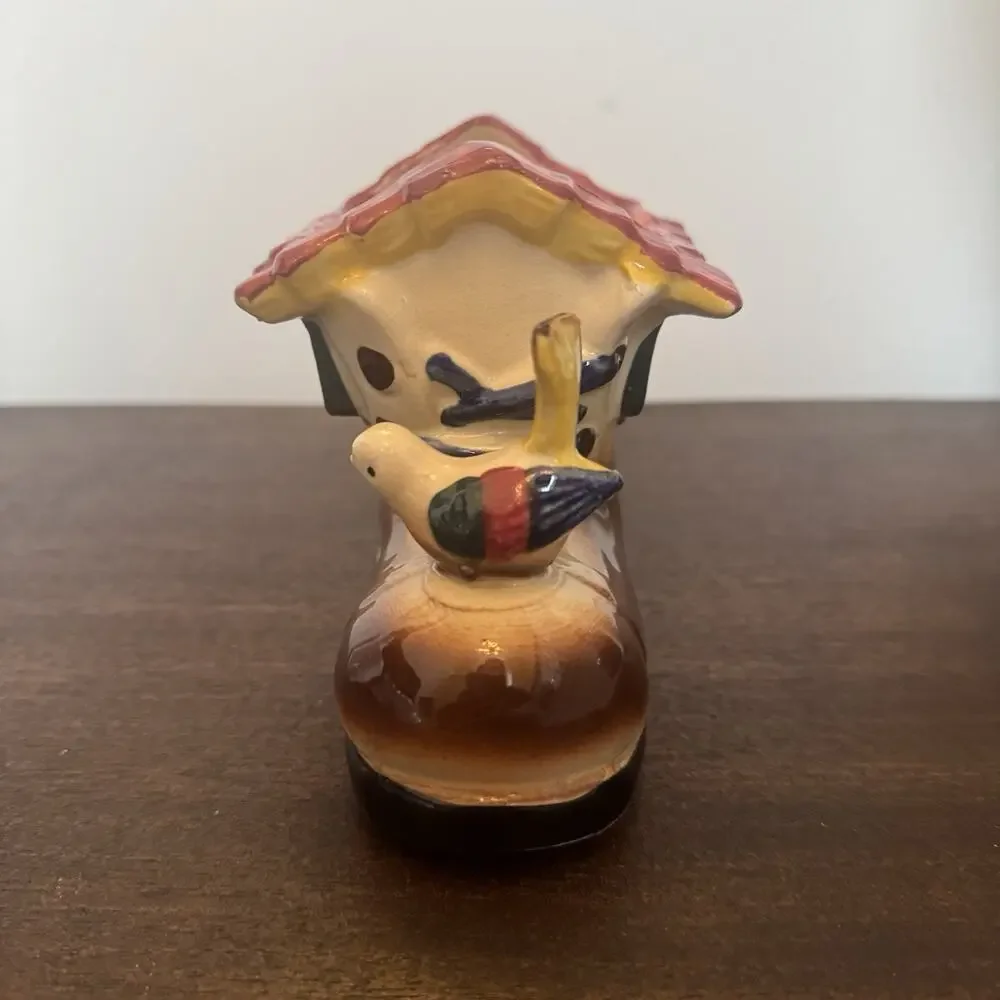 VTG Ceramic Planter Old Shoe Boot House Bird Japan Art Pottery Kitschy Decor
